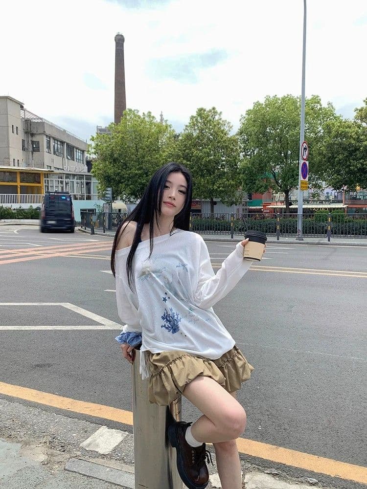 원본 것 디자인 센스 프린트 긴팔 자외선 차단 블라우스 소나무 비스듬한 어깨 의류 상세 이미지 16