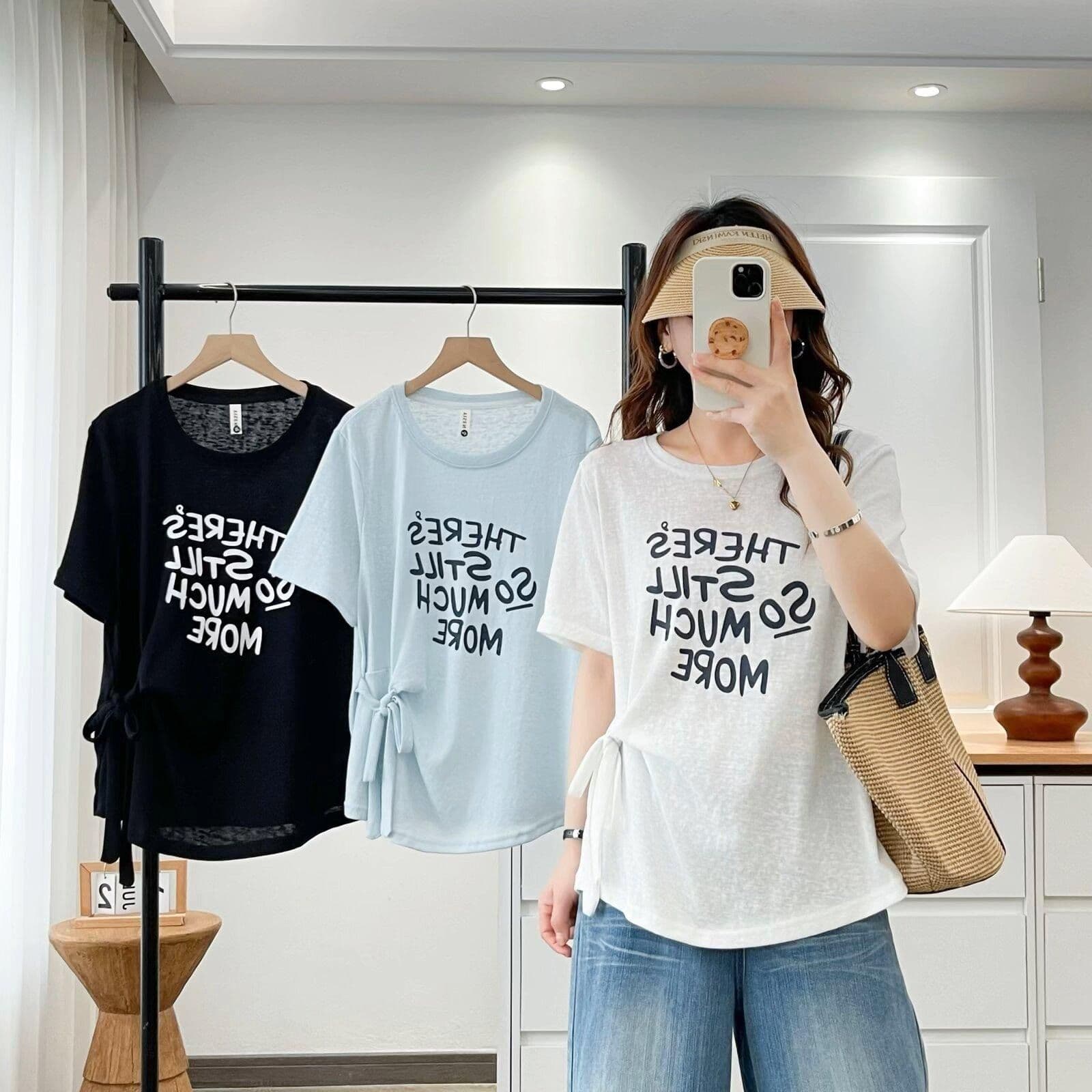 170 그램 눈꽃 면 65 면 35 폴리 에스터 여성 의류 여름 새로운 레이스업 프린트 라운드 넥 반팔 여성 루즈핏 슬림해 보이는 티셔츠 이미지 4