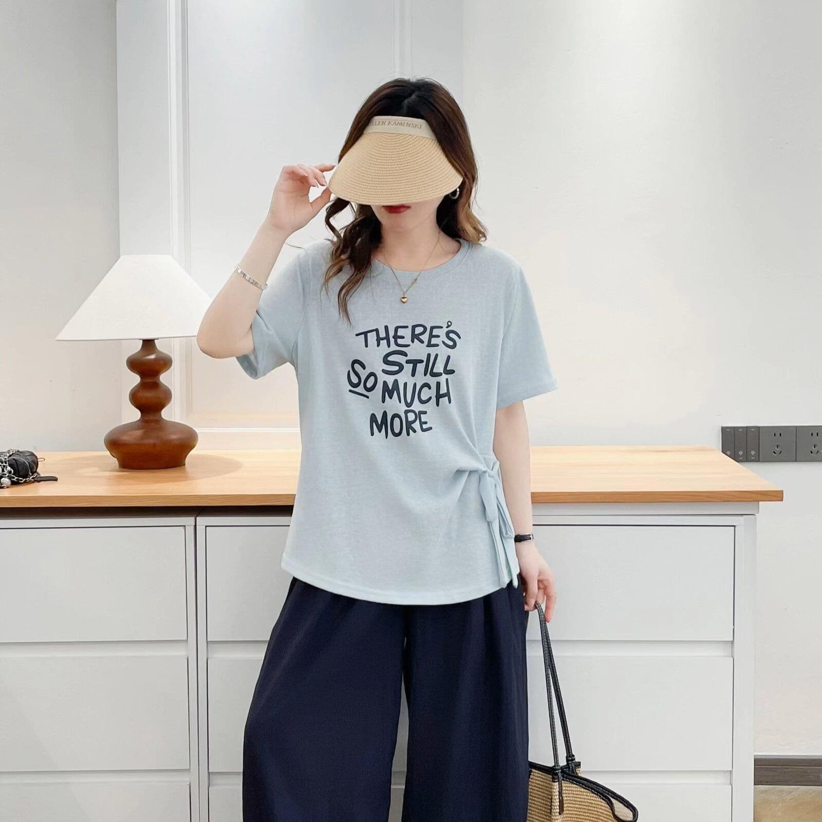170 그램 눈꽃 면 65 면 35 폴리 에스터 여성 의류 여름 새로운 레이스업 프린트 라운드 넥 반팔 여성 루즈핏 슬림해 보이는 티셔츠 상세 이미지 12