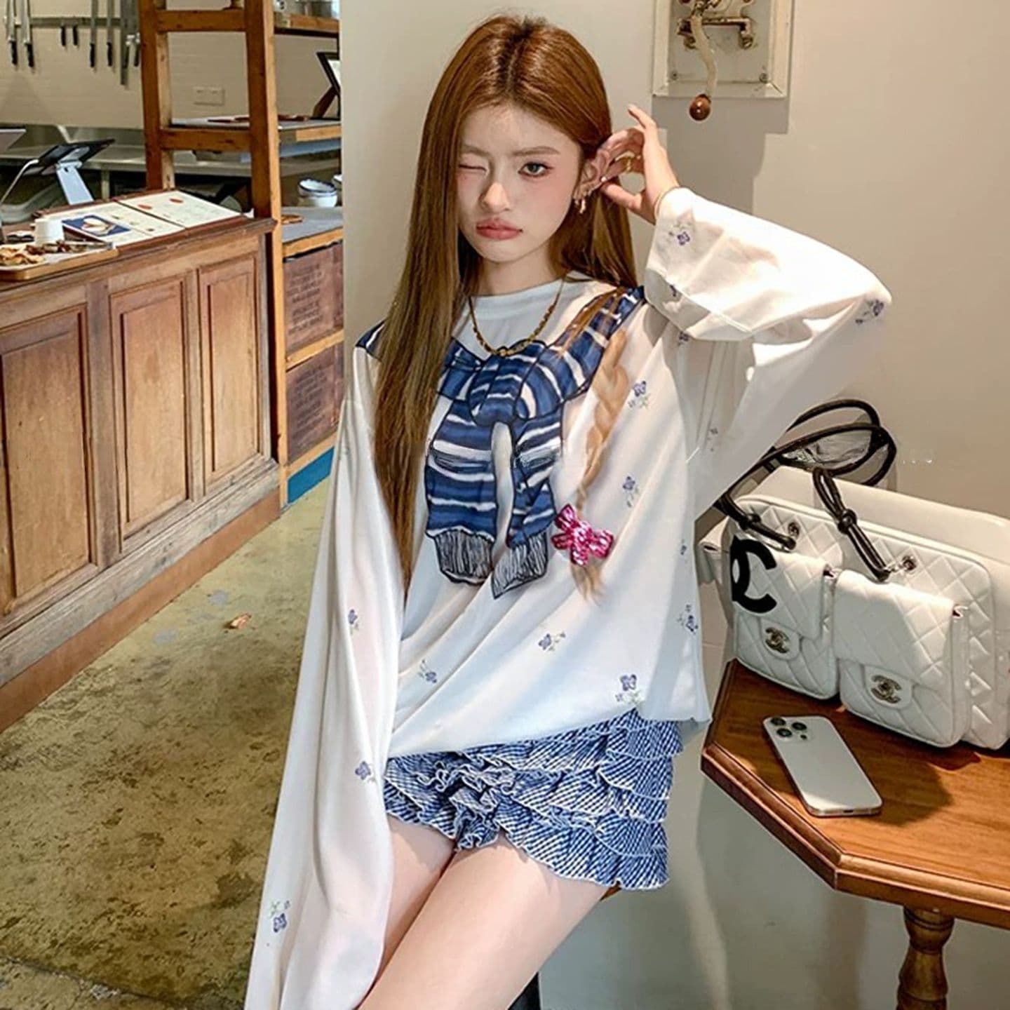 원본 것 한 부서 달콤한 핫걸 만화 프린트 여름 블라우스 작은 꽃무늬 맨위 이미지 4