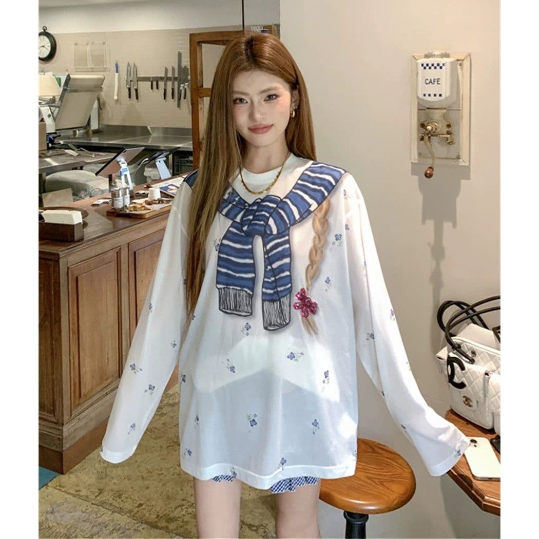 원본 것 한 부서 달콤한 핫걸 만화 프린트 여름 블라우스 작은 꽃무늬 맨위 이미지 3