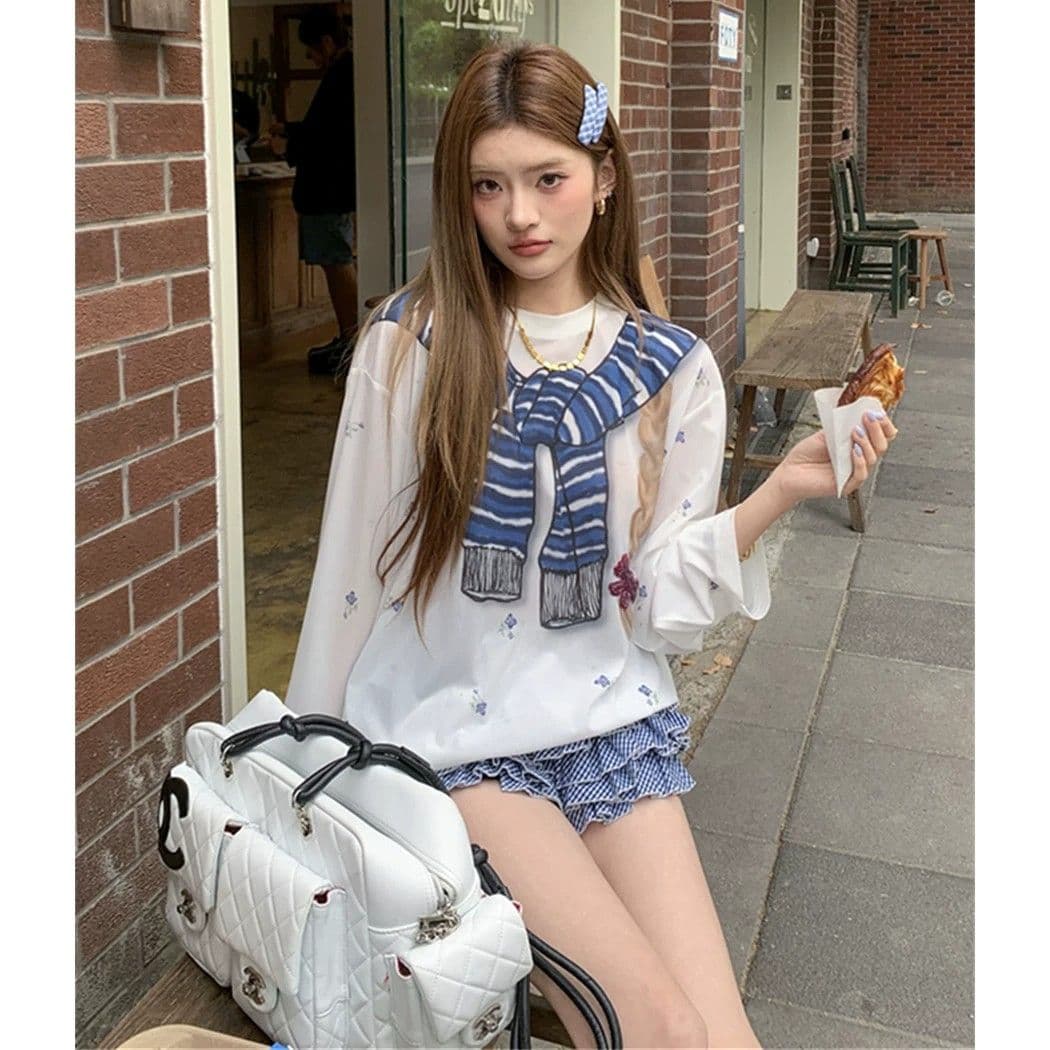 원본 것 한 부서 달콤한 핫걸 만화 프린트 여름 블라우스 작은 꽃무늬 맨위 이미지 2