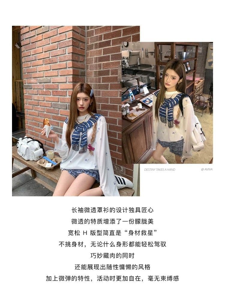 원본 것 한 부서 달콤한 핫걸 만화 프린트 여름 블라우스 작은 꽃무늬 맨위 상세 이미지 5
