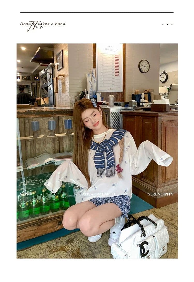 원본 것 한 부서 달콤한 핫걸 만화 프린트 여름 블라우스 작은 꽃무늬 맨위 상세 이미지 12