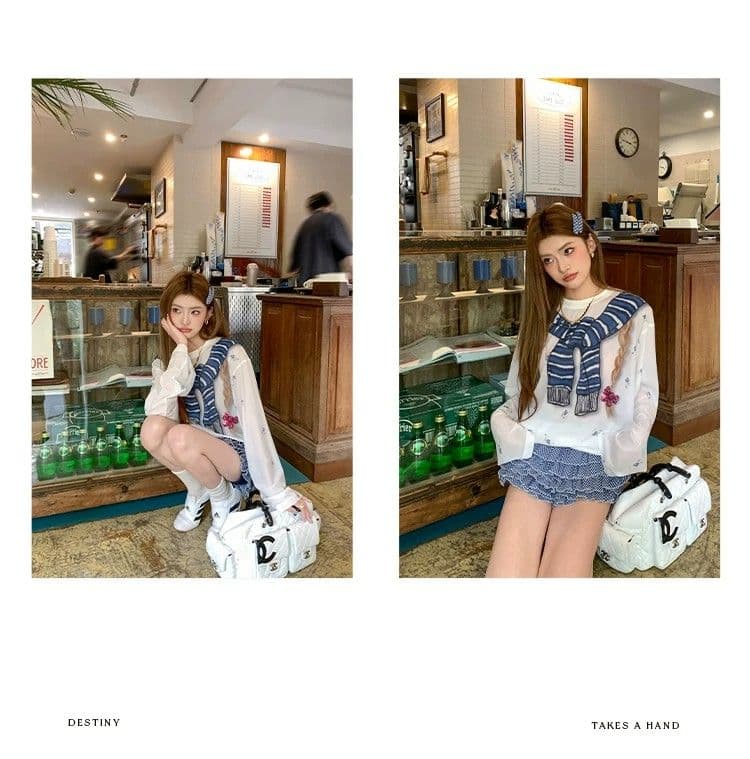 원본 것 한 부서 달콤한 핫걸 만화 프린트 여름 블라우스 작은 꽃무늬 맨위 상세 이미지 13