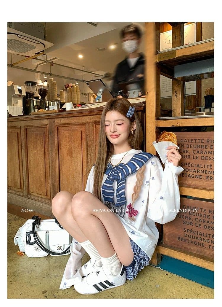 원본 것 한 부서 달콤한 핫걸 만화 프린트 여름 블라우스 작은 꽃무늬 맨위 상세 이미지 17