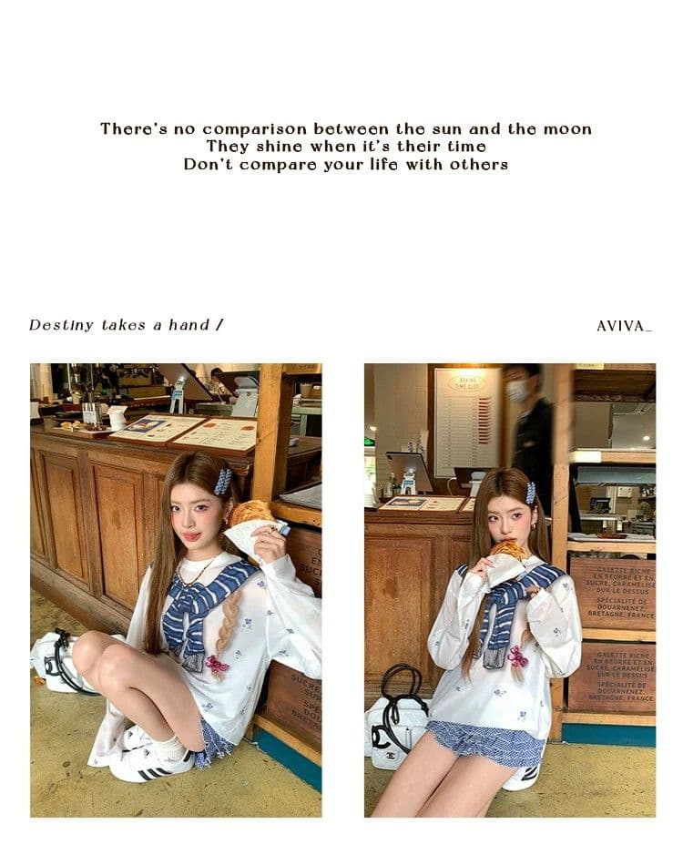 원본 것 한 부서 달콤한 핫걸 만화 프린트 여름 블라우스 작은 꽃무늬 맨위 상세 이미지 18