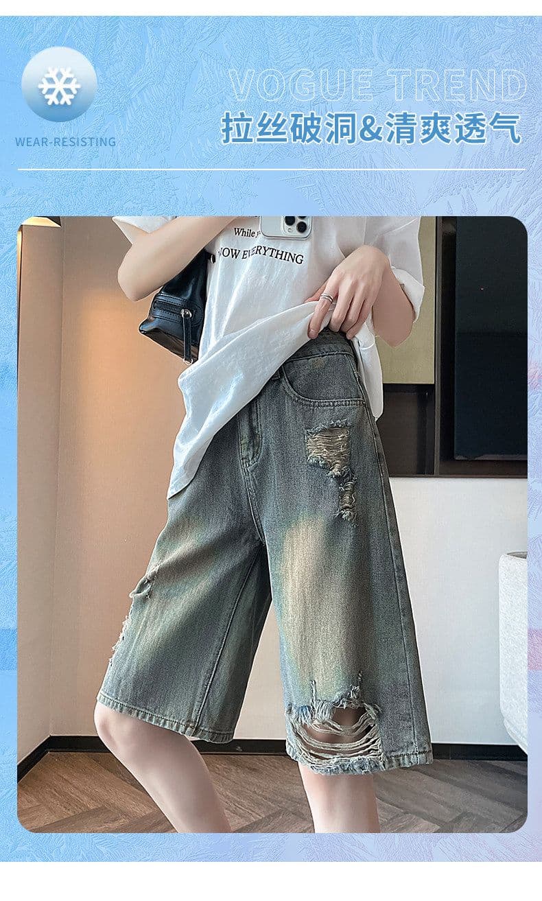 물 말 그리기 찢어진 부분 5 점 데님 반바지 여성 여름 얇은 하이웨이스트 레트로 노스탤지어 루즈핏 스트레이트 5 점 바지 상세 이미지 3