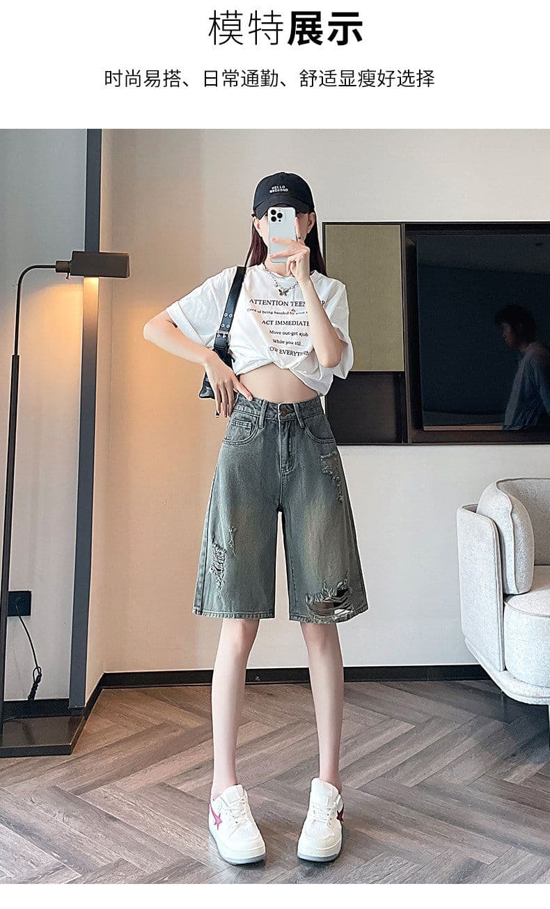 물 말 그리기 찢어진 부분 5 점 데님 반바지 여성 여름 얇은 하이웨이스트 레트로 노스탤지어 루즈핏 스트레이트 5 점 바지 상세 이미지 6