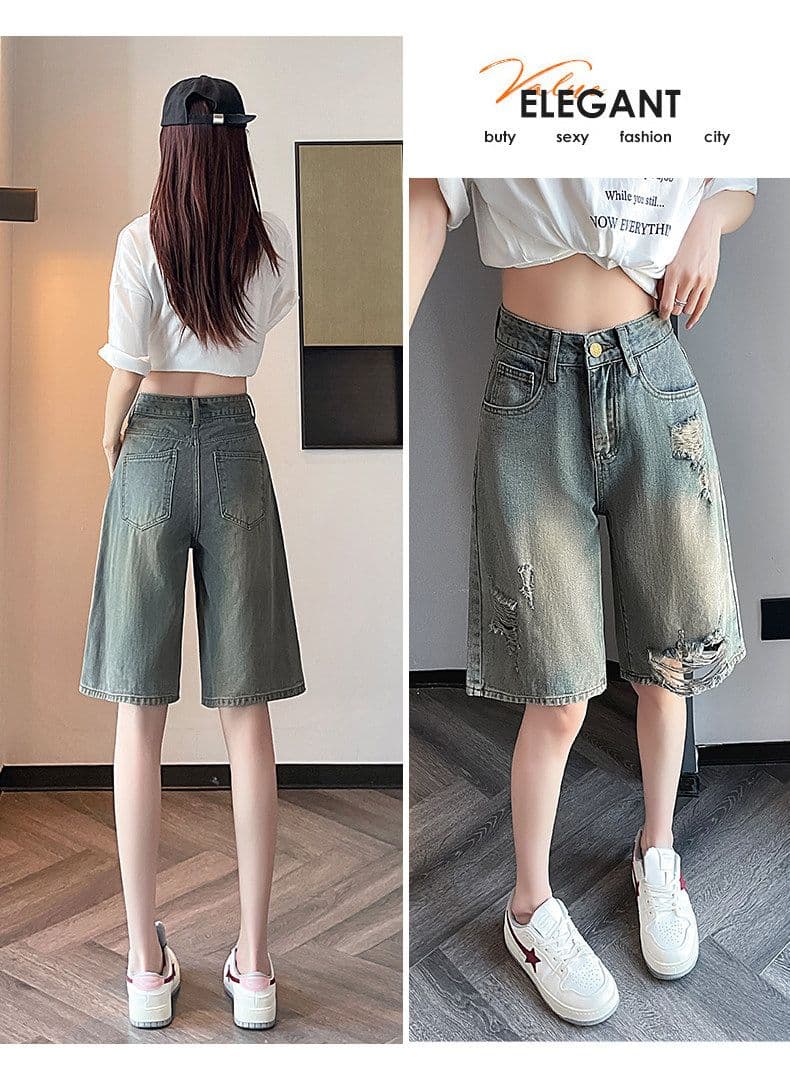 물 말 그리기 찢어진 부분 5 점 데님 반바지 여성 여름 얇은 하이웨이스트 레트로 노스탤지어 루즈핏 스트레이트 5 점 바지 상세 이미지 7