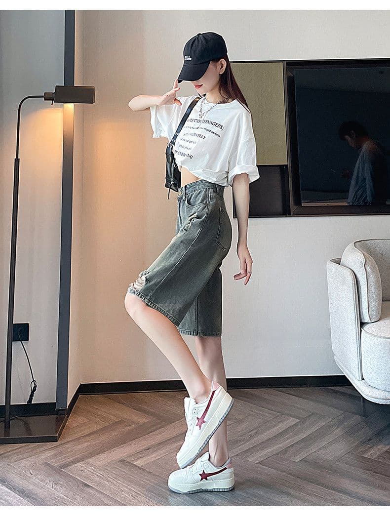 물 말 그리기 찢어진 부분 5 점 데님 반바지 여성 여름 얇은 하이웨이스트 레트로 노스탤지어 루즈핏 스트레이트 5 점 바지 상세 이미지 9