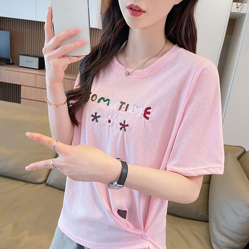 눈꽃 면 티셔츠 여성용 짧은 소매 여름 새로운 디자인 센스 핑크색 패션 백 잡아라. 옷 ins 트렌디 이미지 2