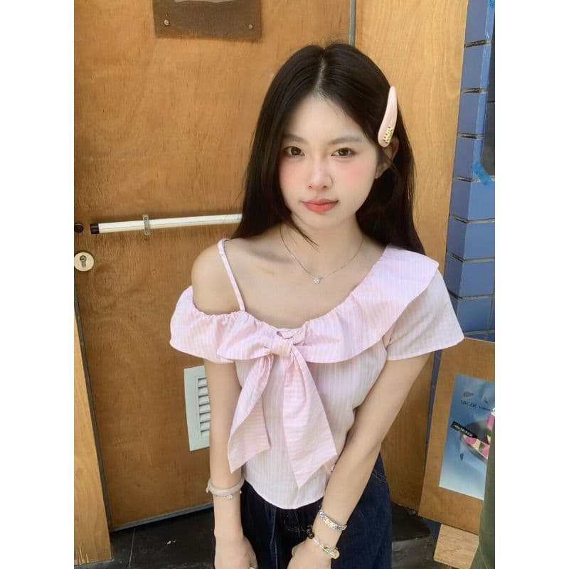 달콤한 스타일 핑크색 스트라이프 나비 매듭 작은 대중 셔츠 여성 의류 여름 빅 사이즈 연령 감소 슬림해 보이는 새로운 맨위 이미지 4