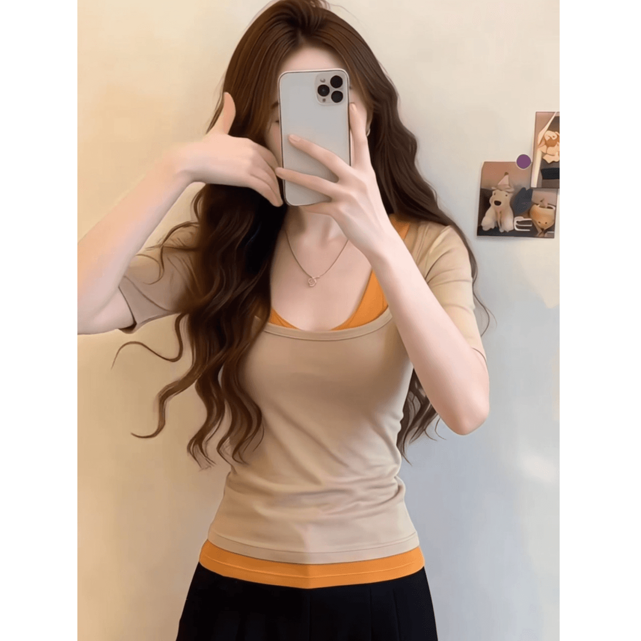 200그램 사람들 면 리브 92 접착제 8 암모니아 Lun 페이크 레이어드 반소매 티셔츠 여성 여름 패치워크 배색 몸매 가꾸기 맨위