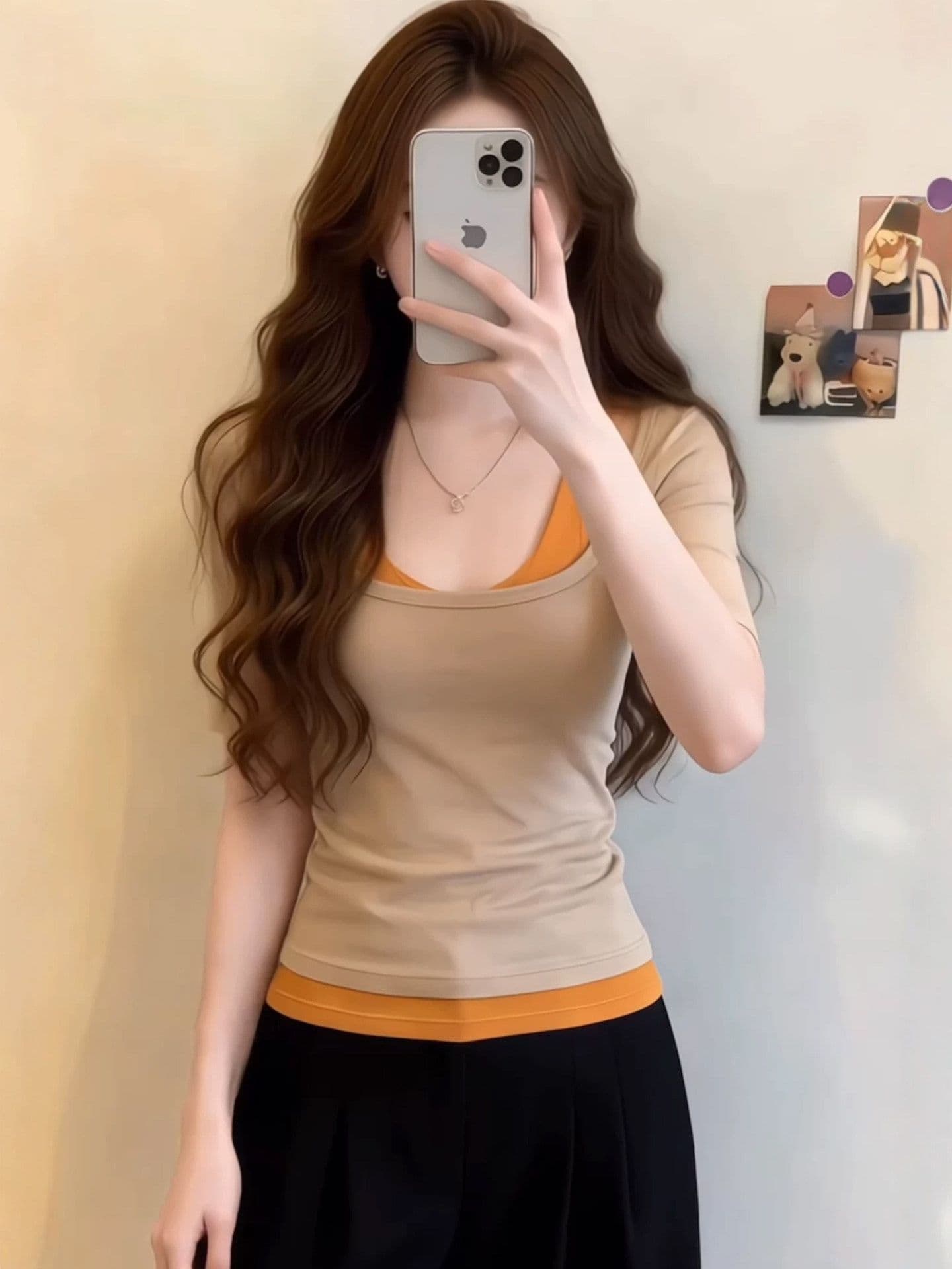 200그램 사람들 면 리브 92 접착제 8 암모니아 Lun 페이크 레이어드 반소매 티셔츠 여성 여름 패치워크 배색 몸매 가꾸기 맨위 상세 이미지 2