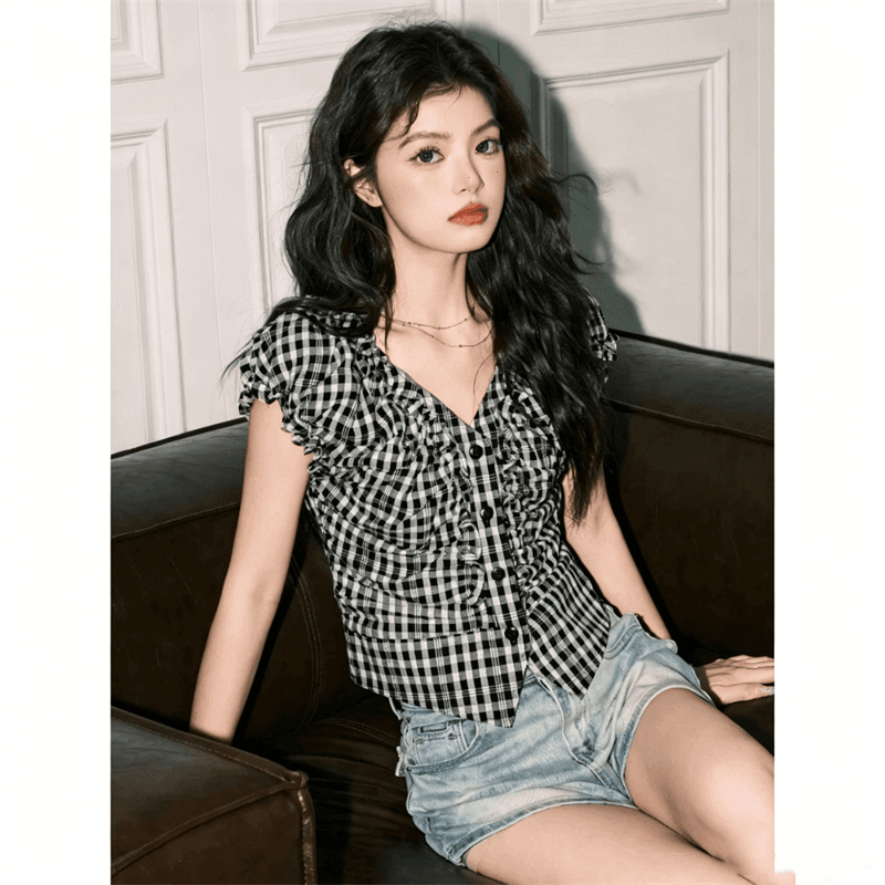 원본 셔틀 직물 체크무늬 V넥 반팔 여성 셔츠 여름 몸매 가꾸기 슬림해 보이는 쇼트 스타일 불규칙 맨위 이미지 4