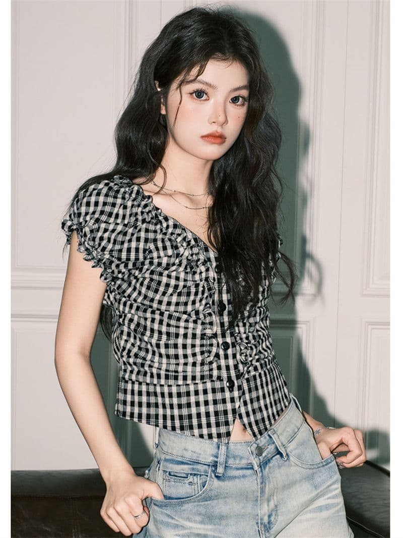 원본 셔틀 직물 체크무늬 V넥 반팔 여성 셔츠 여름 몸매 가꾸기 슬림해 보이는 쇼트 스타일 불규칙 맨위 상세 이미지 3