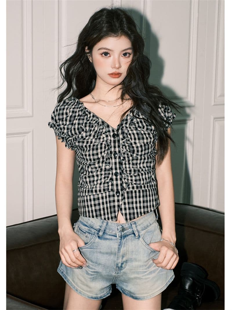 원본 셔틀 직물 체크무늬 V넥 반팔 여성 셔츠 여름 몸매 가꾸기 슬림해 보이는 쇼트 스타일 불규칙 맨위 상세 이미지 4