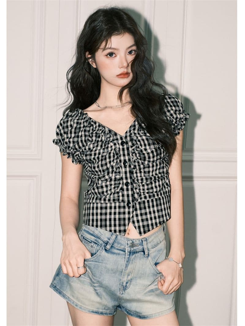 원본 셔틀 직물 체크무늬 V넥 반팔 여성 셔츠 여름 몸매 가꾸기 슬림해 보이는 쇼트 스타일 불규칙 맨위 상세 이미지 6