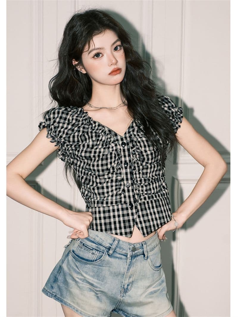 원본 셔틀 직물 체크무늬 V넥 반팔 여성 셔츠 여름 몸매 가꾸기 슬림해 보이는 쇼트 스타일 불규칙 맨위 상세 이미지 7