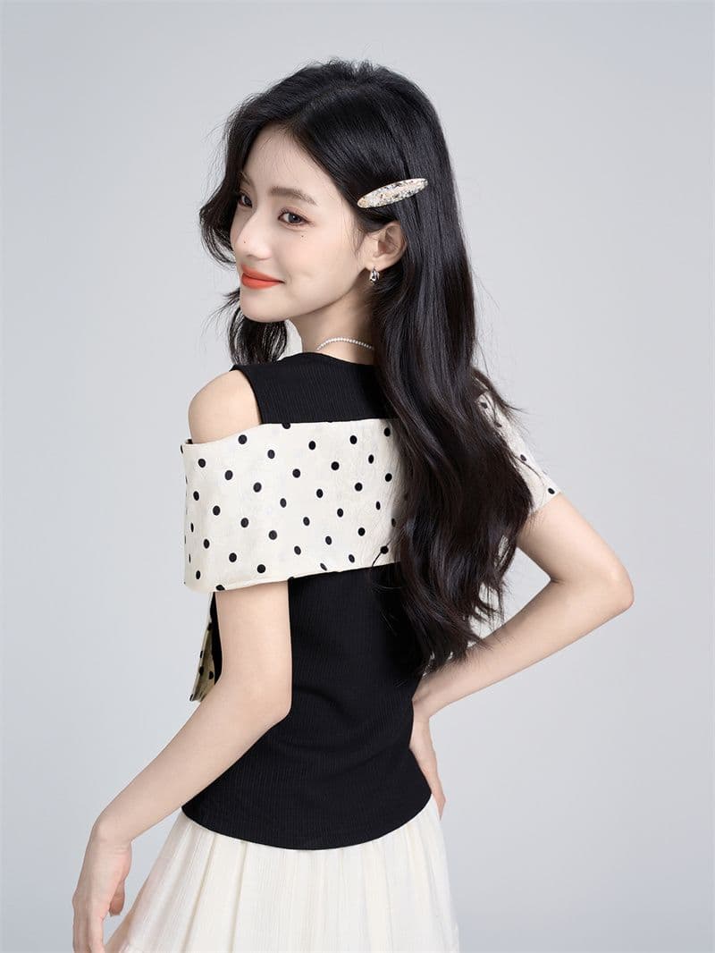 원본 자카드 사람들 면 나비 매듭 검정색 반팔 티셔츠 디자인 센스 품격 오프숄더 맨위 상세 이미지 3