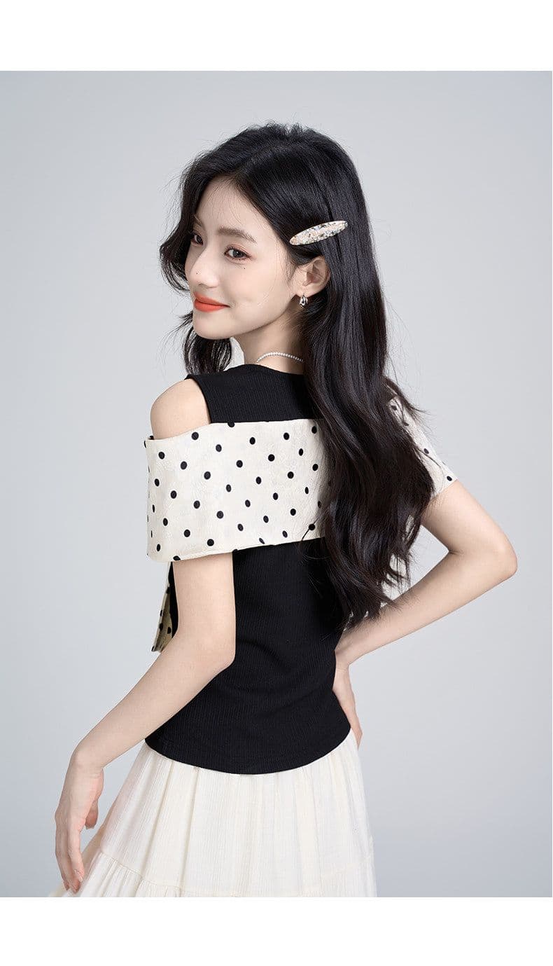 원본 자카드 사람들 면 나비 매듭 검정색 반팔 티셔츠 디자인 센스 품격 오프숄더 맨위 상세 이미지 8