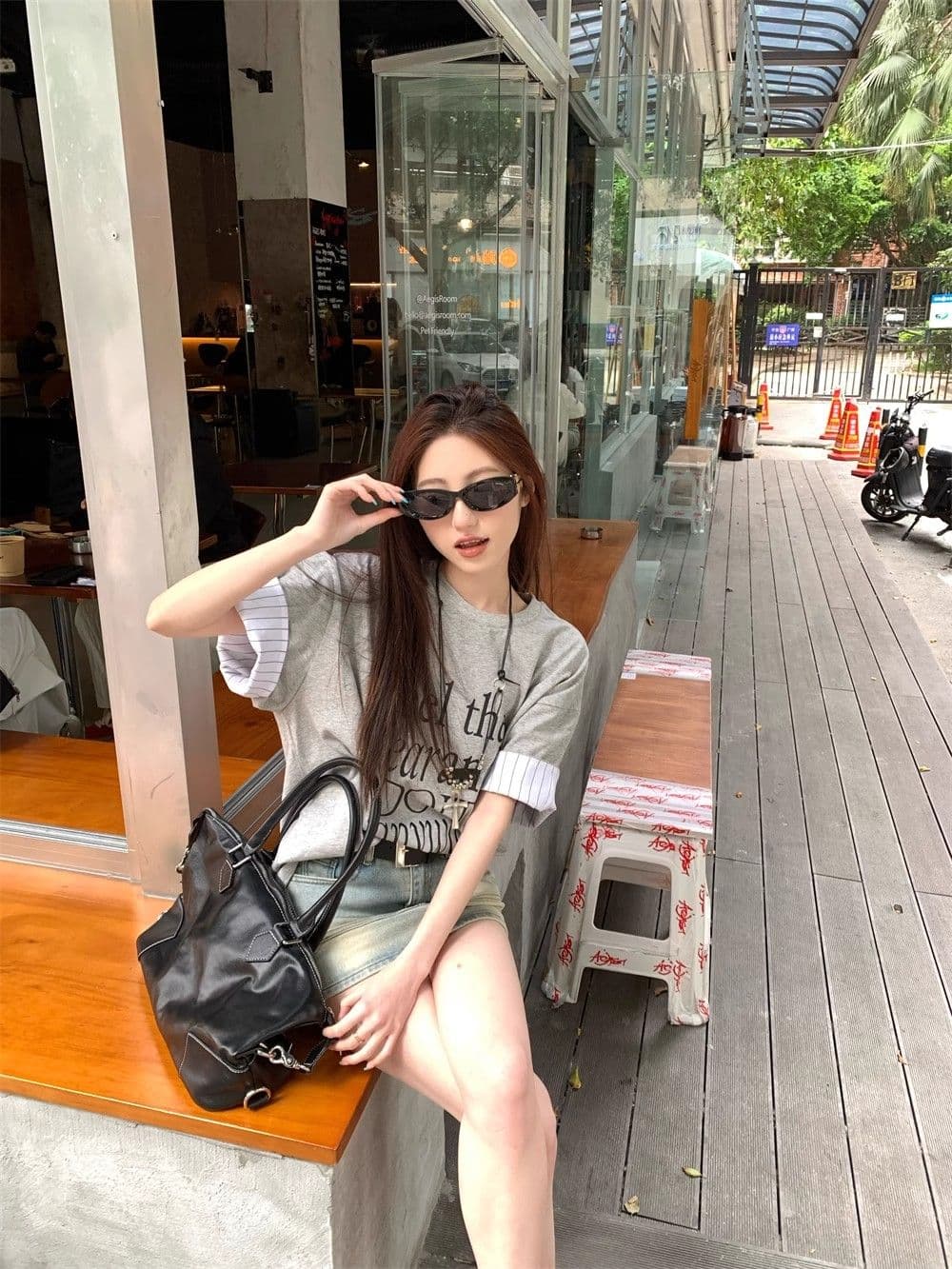 원본 품질 루즈핏 스트라이프 패치워크 느긋한 바람 알파벳 프린트 반팔 티셔츠 상세 이미지 7