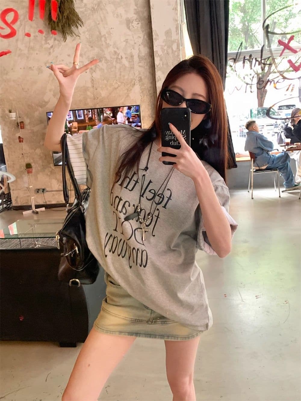 원본 품질 루즈핏 스트라이프 패치워크 느긋한 바람 알파벳 프린트 반팔 티셔츠 상세 이미지 14