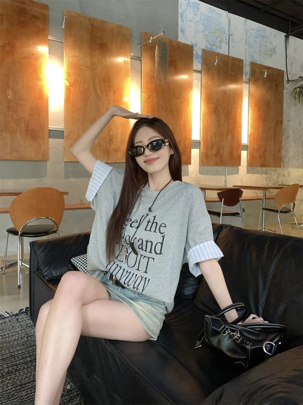 원본 품질 루즈핏 스트라이프 패치워크 느긋한 바람 알파벳 프린트 반팔 티셔츠 상세 이미지 15