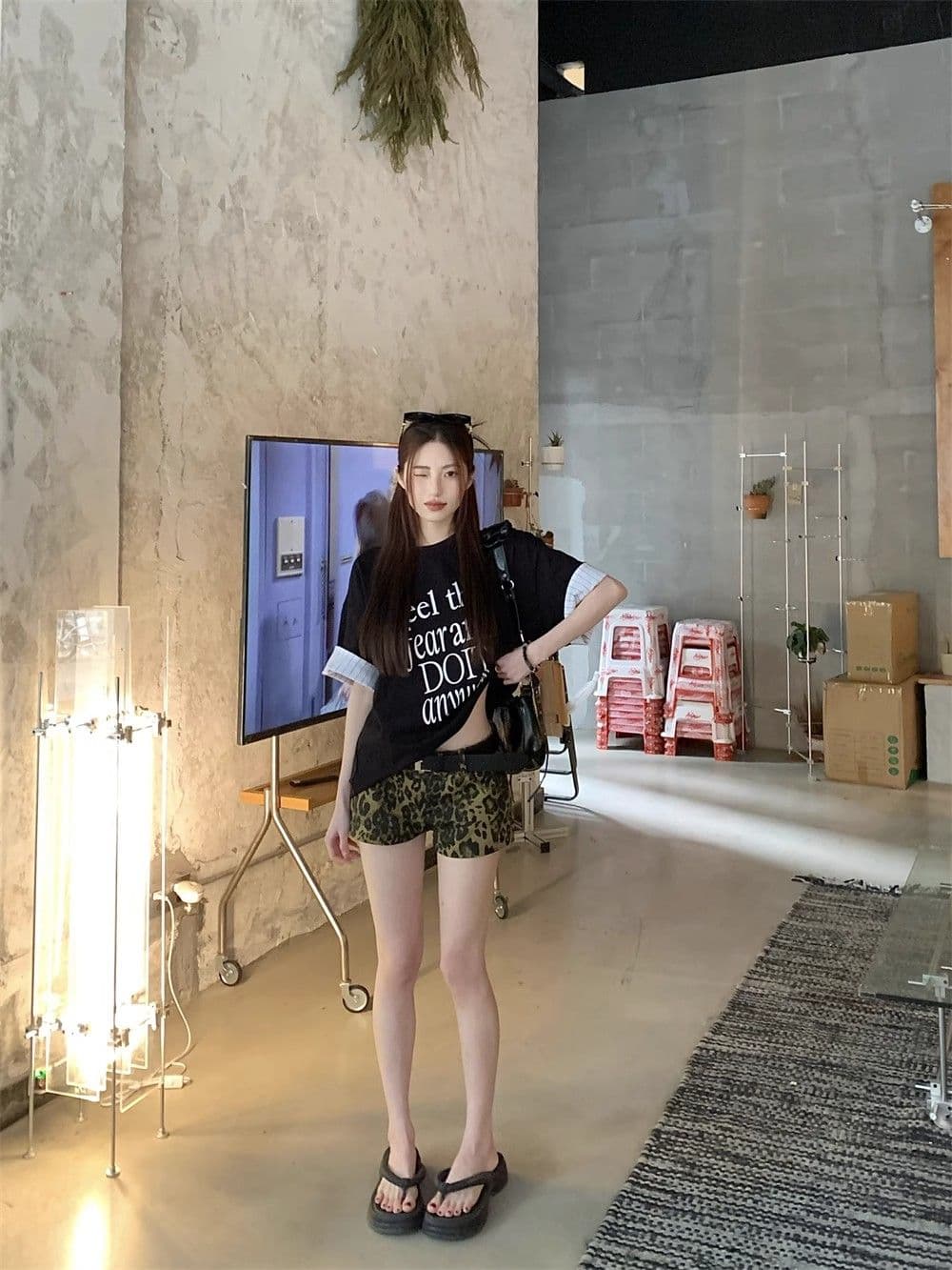 원본 품질 루즈핏 스트라이프 패치워크 느긋한 바람 알파벳 프린트 반팔 티셔츠 상세 이미지 33