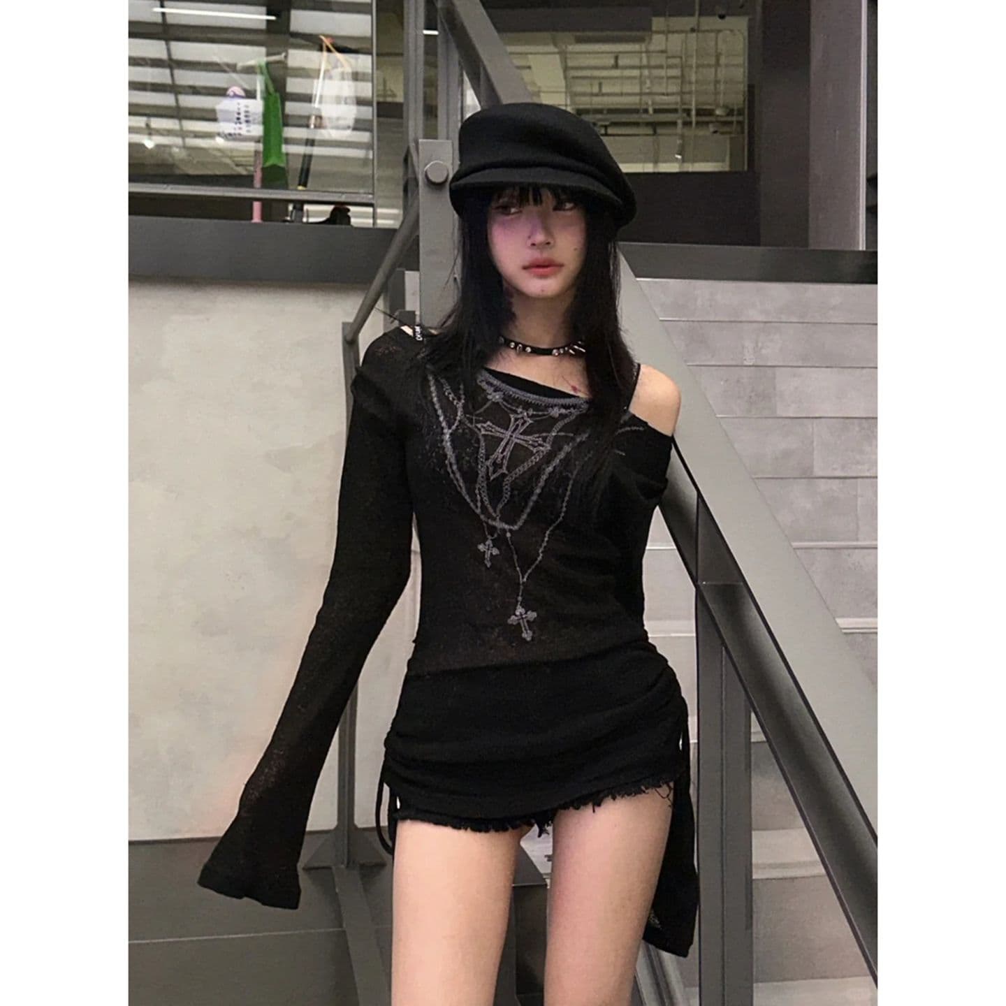 원본 품질 아메리칸 핫걸 바람 프린트 오프숄더 긴팔 티셔츠 허리 수축 블라우스 이미지 3