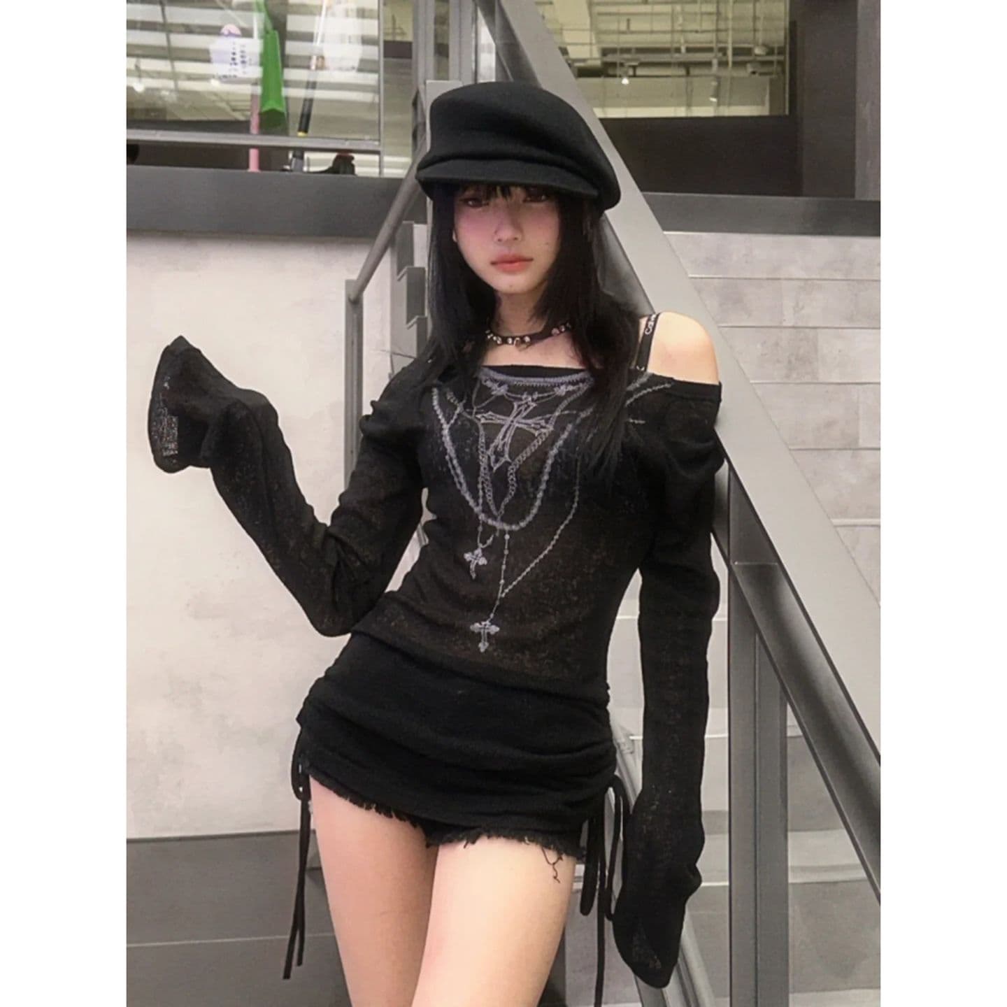 원본 품질 아메리칸 핫걸 바람 프린트 오프숄더 긴팔 티셔츠 허리 수축 블라우스