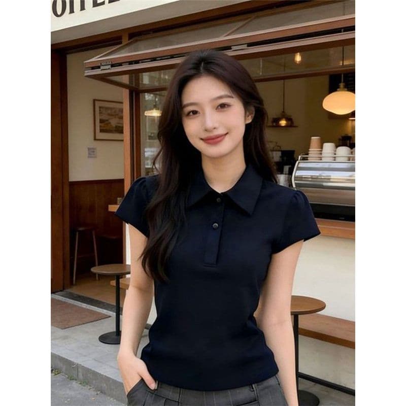 210 그램 40 좋은 면 1 1 아메리칸 레트로 POLO 칼라 해군 긍정적 인 어깨 반팔 티셔츠 여성 상세 이미지 3
