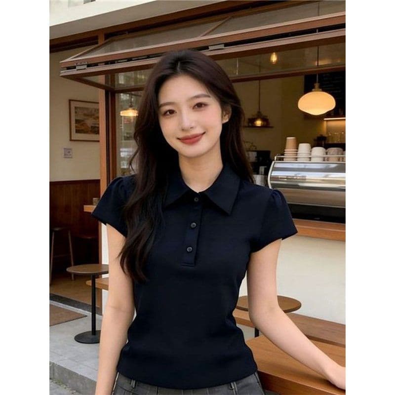 210 그램 40 좋은 면 1 1 아메리칸 레트로 POLO 칼라 해군 긍정적 인 어깨 반팔 티셔츠 여성 상세 이미지 4