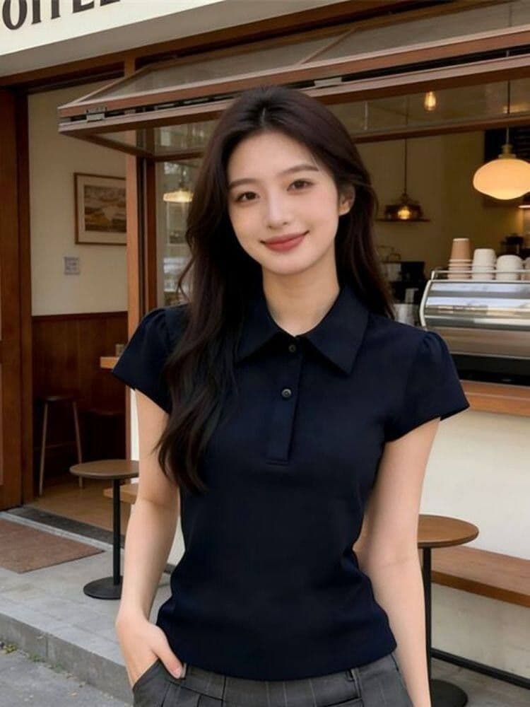 210 그램 40 좋은 면 1 1 아메리칸 레트로 POLO 칼라 해군 긍정적 인 어깨 반팔 티셔츠 여성 상세 이미지 7