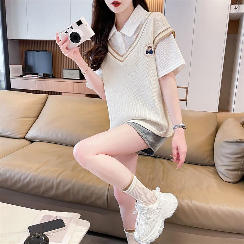 후아 남편 그리드 100 폴리에스터 티셔츠 여성 여름 새로운 한국 스타일 맨위 서비스 ins 트렌디 상세 이미지 11