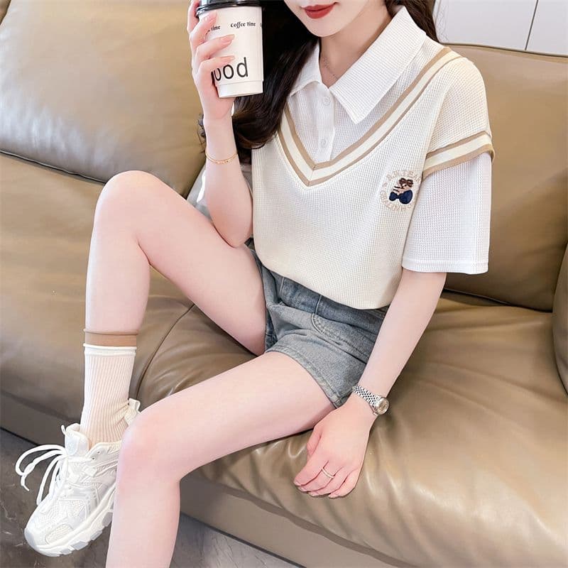 후아 남편 그리드 100 폴리에스터 티셔츠 여성 여름 새로운 한국 스타일 맨위 서비스 ins 트렌디 상세 이미지 12