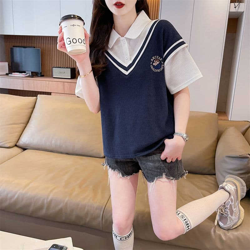 후아 남편 그리드 100 폴리에스터 티셔츠 여성 여름 새로운 한국 스타일 맨위 서비스 ins 트렌디 상세 이미지 15