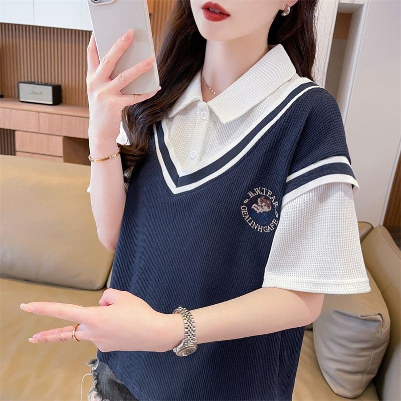 후아 남편 그리드 100 폴리에스터 티셔츠 여성 여름 새로운 한국 스타일 맨위 서비스 ins 트렌디 상세 이미지 18