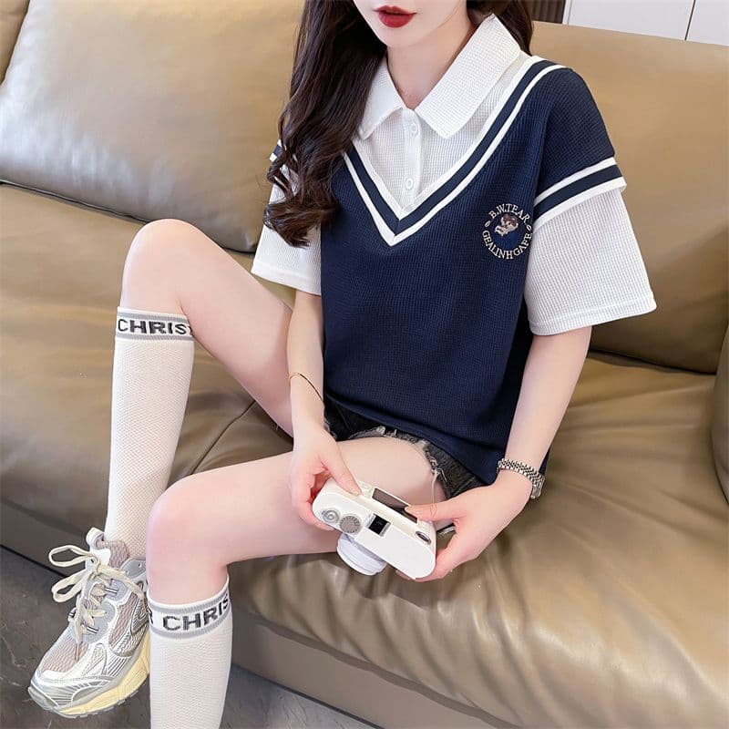 후아 남편 그리드 100 폴리에스터 티셔츠 여성 여름 새로운 한국 스타일 맨위 서비스 ins 트렌디 상세 이미지 20