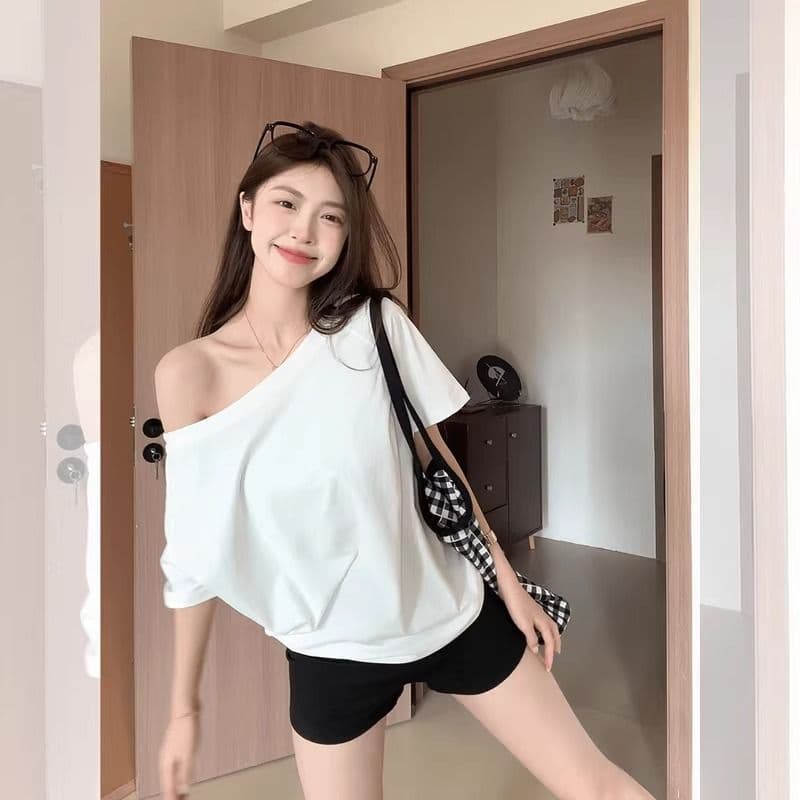 비스듬한 어깨 공란 에디션 순면 40 220 그램 1 1 리브 반팔 티셔츠 여성 오프숄더 오프숄더 비스듬한 어깨 이미지 2