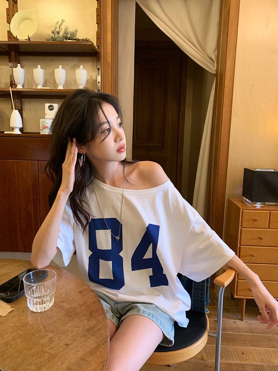 비스듬한 어깨 공란 에디션 순면 40 220 그램 1 1 리브 반팔 티셔츠 여성 오프숄더 오프숄더 비스듬한 어깨 상세 이미지 3