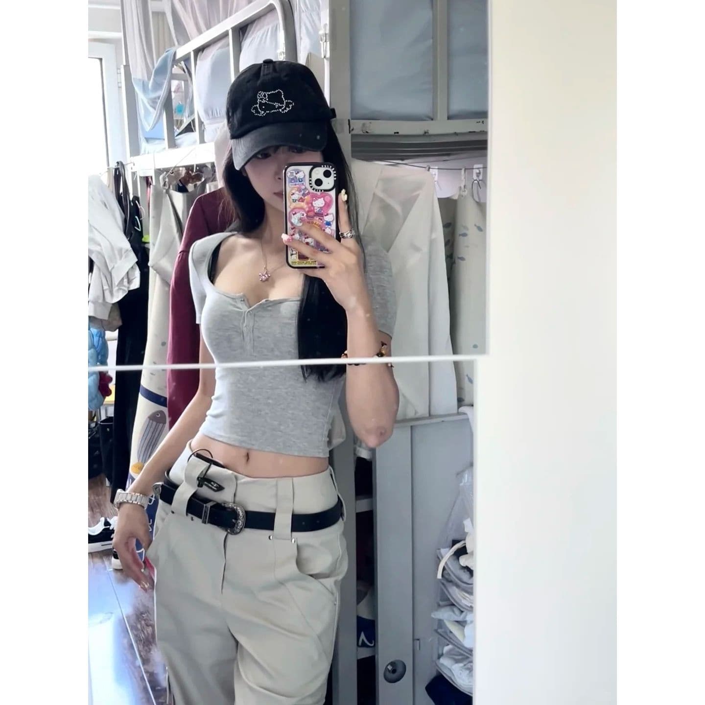 원본 품질 아메리칸 핫걸 반 개방 칼라 반팔 티셔츠 타이트 쇼트 스타일 맨위 이미지 5
