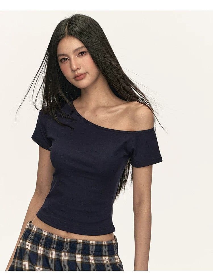 원본 품질 오프숄더 맨위 여성용 짧은 소매 오프숄더 디자인 작은 대중 티셔츠 상세 이미지 7