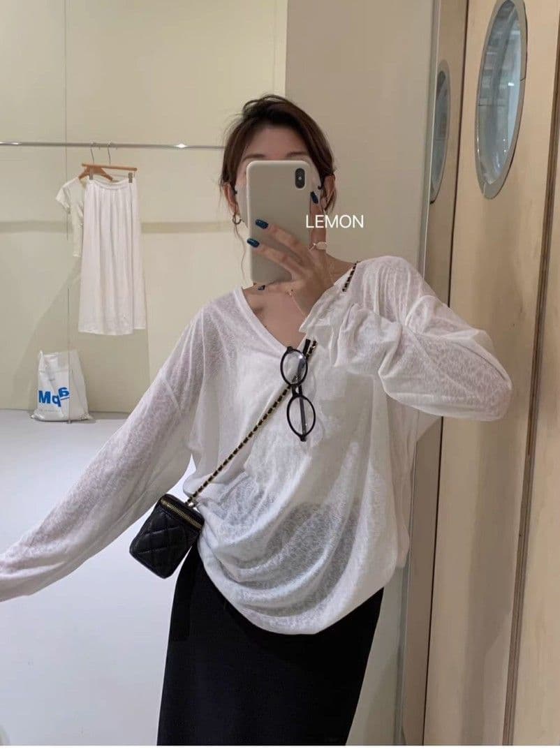 대나무 마디 리브 V넥 긴팔 자외선 차단 블라우스 외부 가져 가라. 셔츠 Tulle 맨위 이미지 3