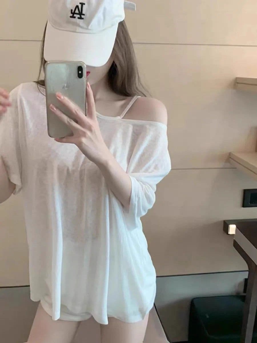 대나무 마디 리브 마이크로 ~을 통해 블라우스 오프숄더 화이트 티셔츠 여성 여름 이미지 4