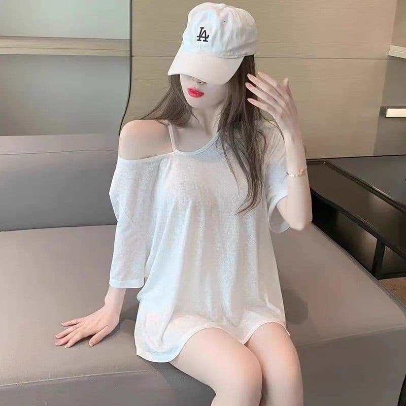 대나무 마디 리브 마이크로 ~을 통해 블라우스 오프숄더 화이트 티셔츠 여성 여름 상세 이미지 4