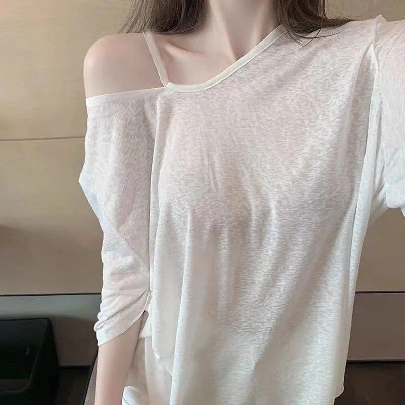 대나무 마디 리브 마이크로 ~을 통해 블라우스 오프숄더 화이트 티셔츠 여성 여름 상세 이미지 6
