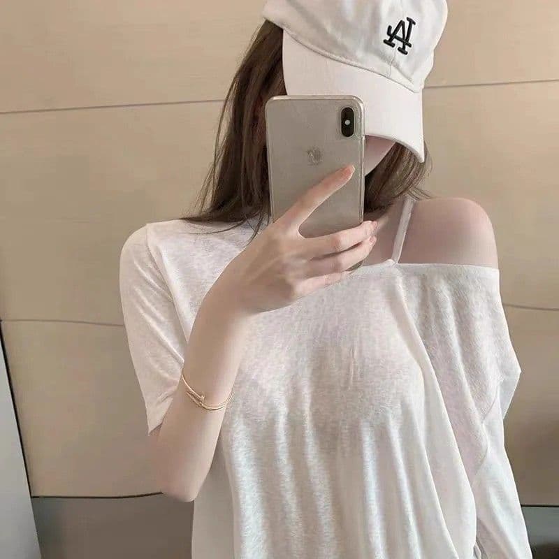 대나무 마디 리브 마이크로 ~을 통해 블라우스 오프숄더 화이트 티셔츠 여성 여름 상세 이미지 7