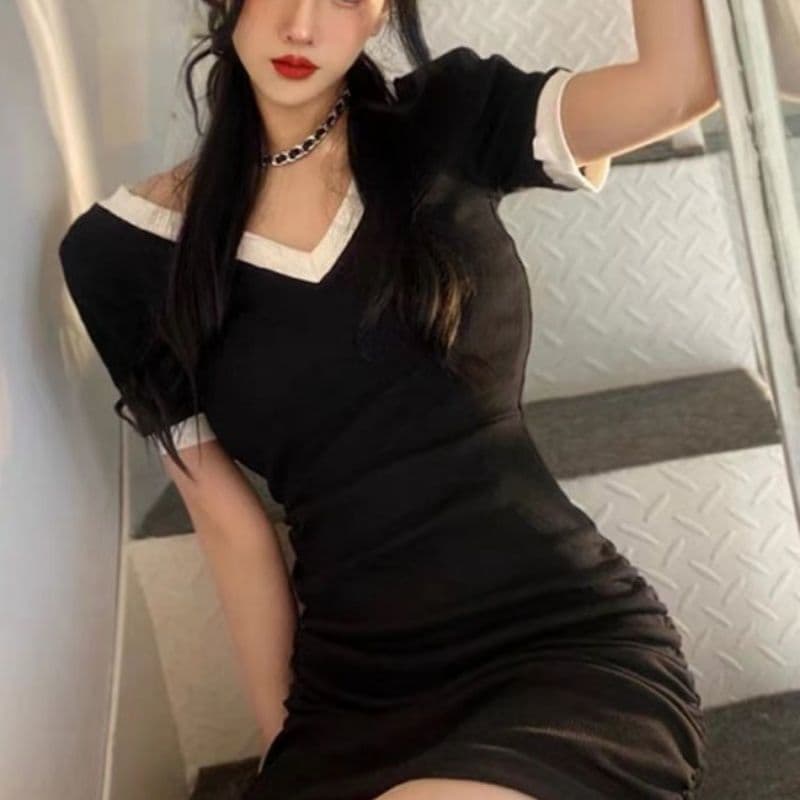 리브 여성 드레스 섹시함 ins 슈퍼 요정 슬림해 보이는 폭발 검정색 이미지 5